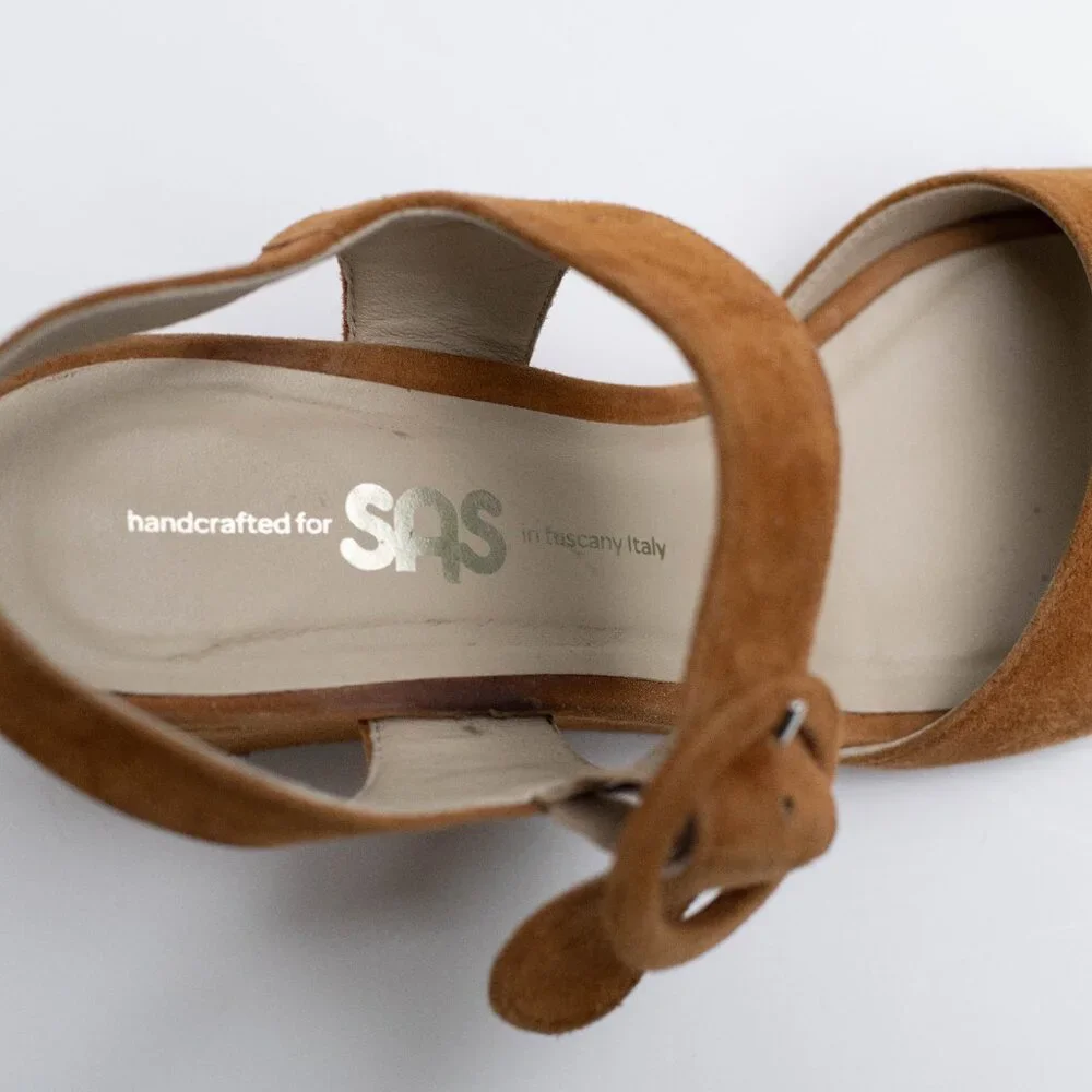 SAS Carine Wedge‎ Sandals Women’s 6M Camel Brown Suede Leather Made in Italy